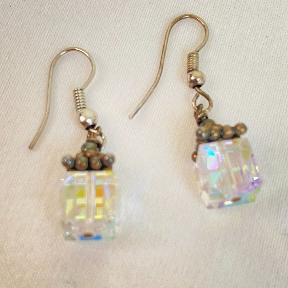 💎Earrings Dangle Clear Iridescent Cubes Tiny Gold Tone Ball Cluster Wire Hook